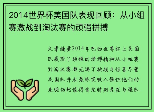 2014世界杯美国队表现回顾：从小组赛激战到淘汰赛的顽强拼搏