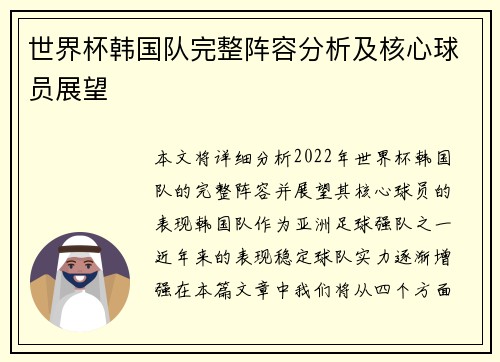 世界杯韩国队完整阵容分析及核心球员展望