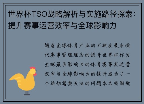 世界杯TSO战略解析与实施路径探索：提升赛事运营效率与全球影响力