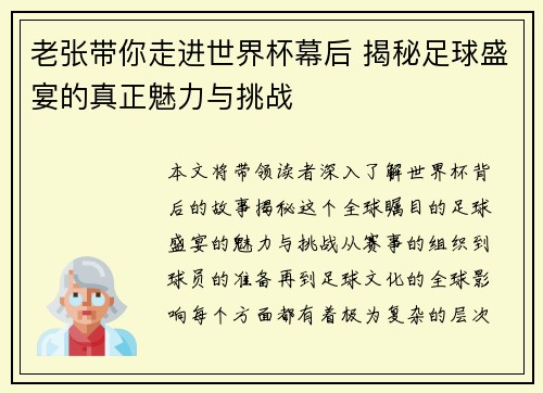 老张带你走进世界杯幕后 揭秘足球盛宴的真正魅力与挑战